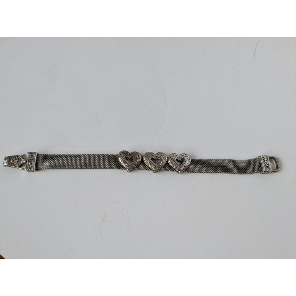 Silvertone Metal Mesh Bracelet Three Hearts